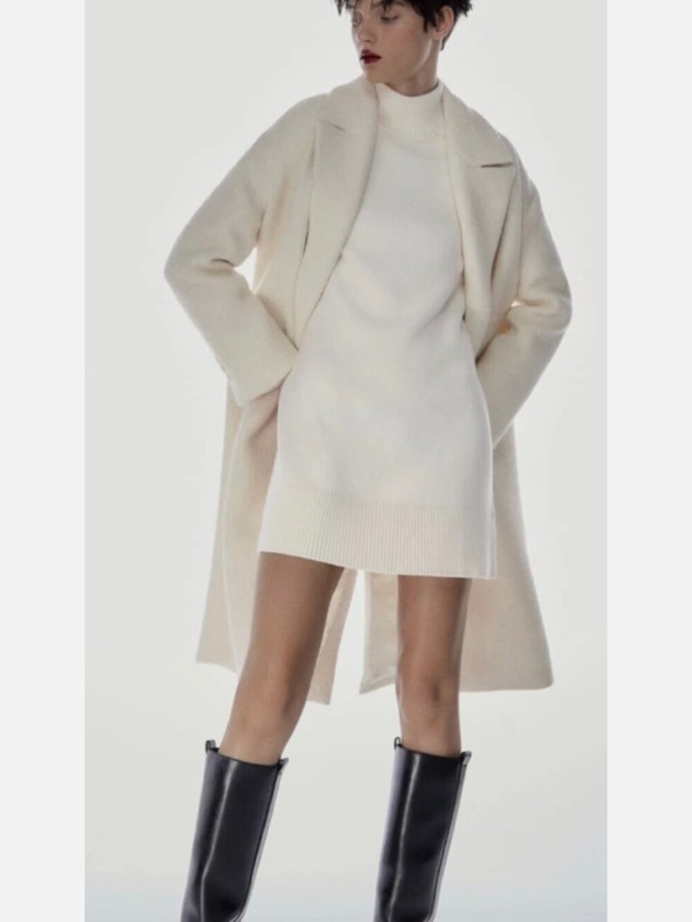 Zara High Collar Knit Long Sleeve Mini Cream Sweater Dress Size Medium NWOT